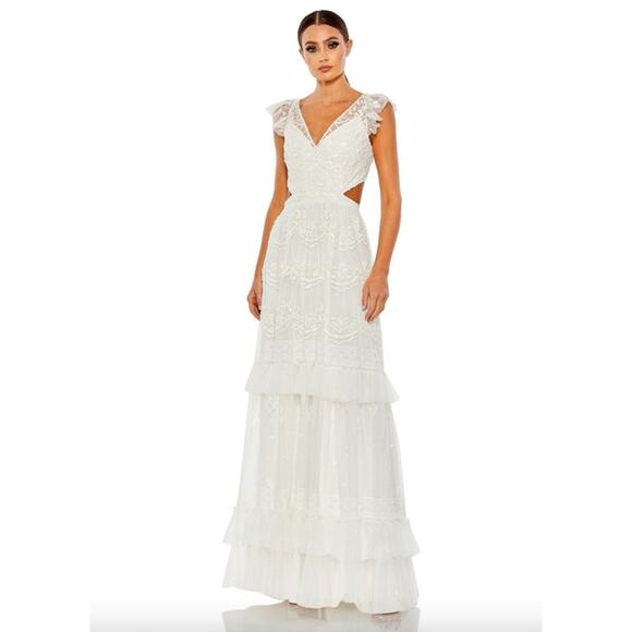 Mac Duggal Dresses & Skirts - MAC DUGGAL Dress Size 4 Evening Gown White NEW Tiered Ruffle Cap Sleeve Cut Out